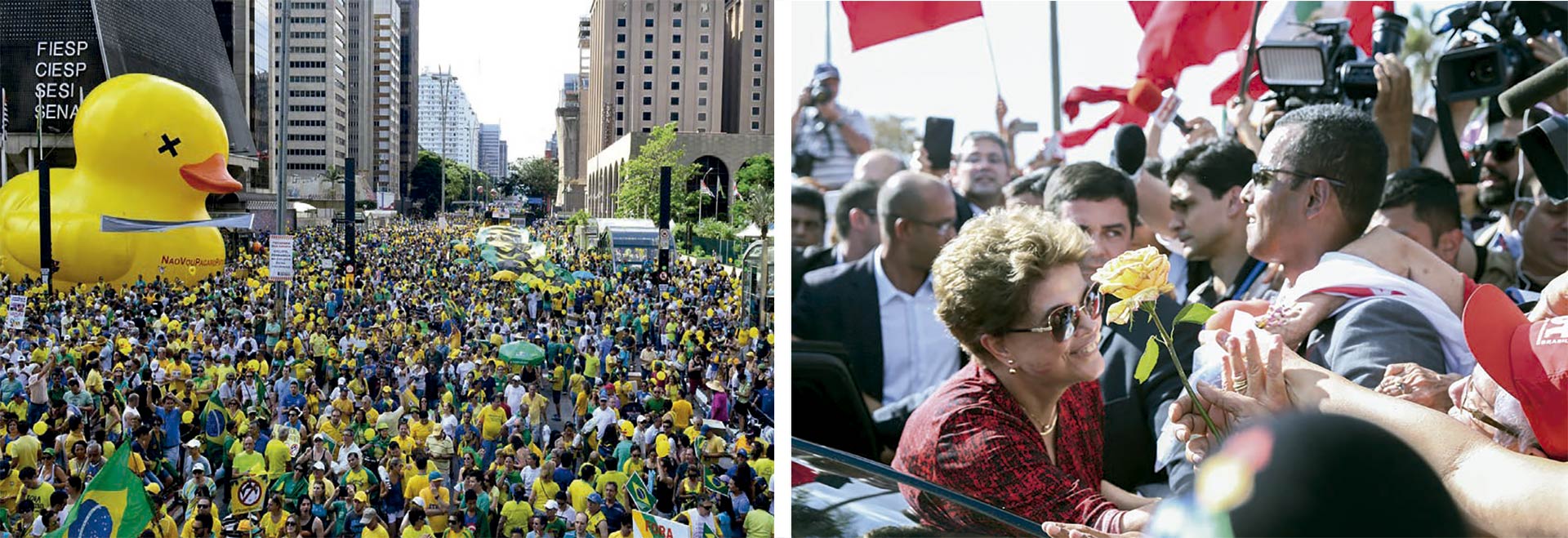 Manifestação pró-impeachment na Avenida Paulista, em dezembro de 2015 (à esquerda); Dilma se despede de militantes ao deixar o Palácio da Alvorada, em setembro de 2016 (à direita) Fotos: Rovena Rosa e Wilson Dias (Agência Brasil)