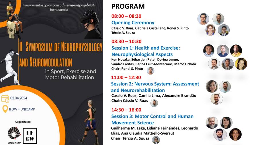 Flyer de divulgação do "Simpósio de Neurofisiologia e Neuromodulação no Esporte, Exercício e Reabilitação Motora" do IFGW
